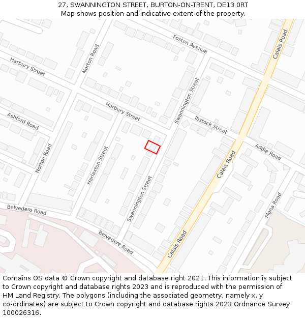 27, SWANNINGTON STREET, BURTON-ON-TRENT, DE13 0RT: Location map and indicative extent of plot