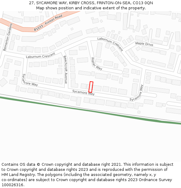 27, SYCAMORE WAY, KIRBY CROSS, FRINTON-ON-SEA, CO13 0QN: Location map and indicative extent of plot