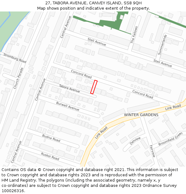 27, TABORA AVENUE, CANVEY ISLAND, SS8 9QH: Location map and indicative extent of plot