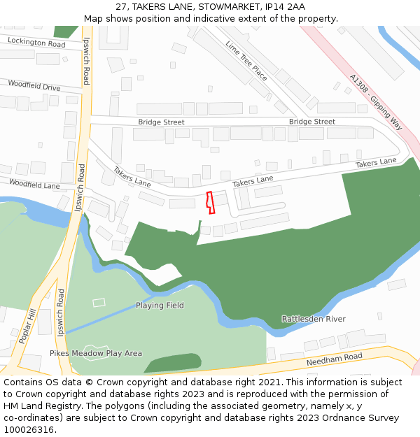 27, TAKERS LANE, STOWMARKET, IP14 2AA: Location map and indicative extent of plot
