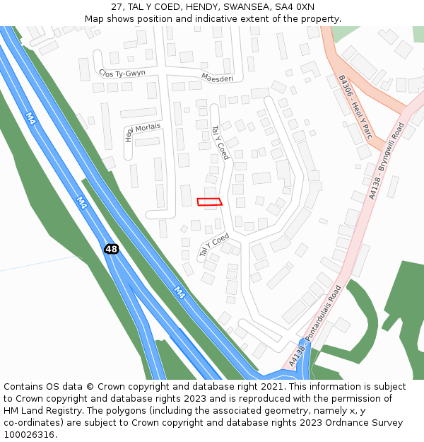 27, TAL Y COED, HENDY, SWANSEA, SA4 0XN: Location map and indicative extent of plot