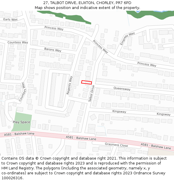 27, TALBOT DRIVE, EUXTON, CHORLEY, PR7 6PD: Location map and indicative extent of plot