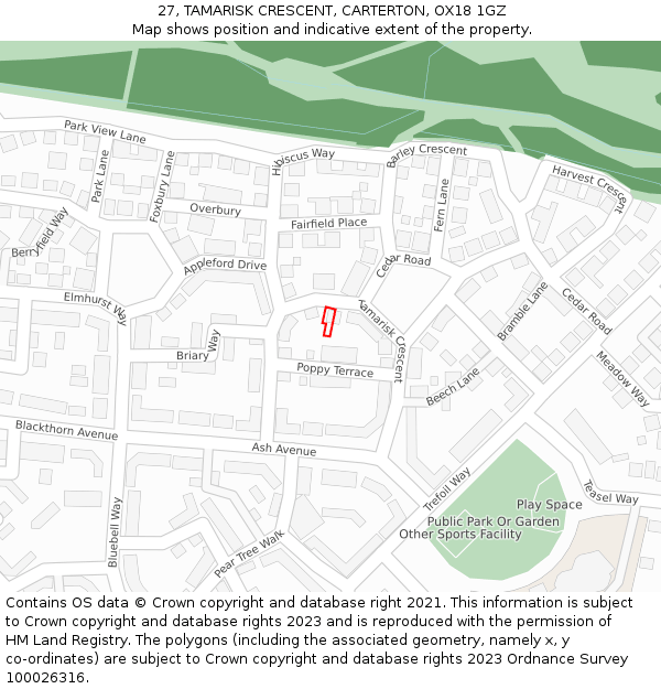 27, TAMARISK CRESCENT, CARTERTON, OX18 1GZ: Location map and indicative extent of plot