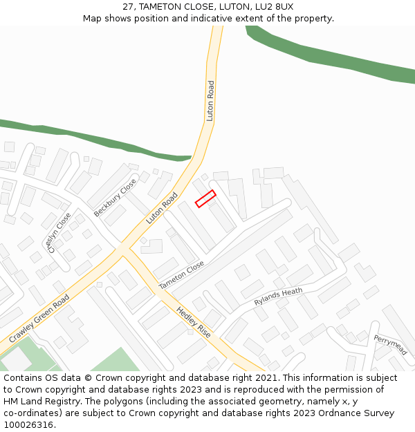 27, TAMETON CLOSE, LUTON, LU2 8UX: Location map and indicative extent of plot