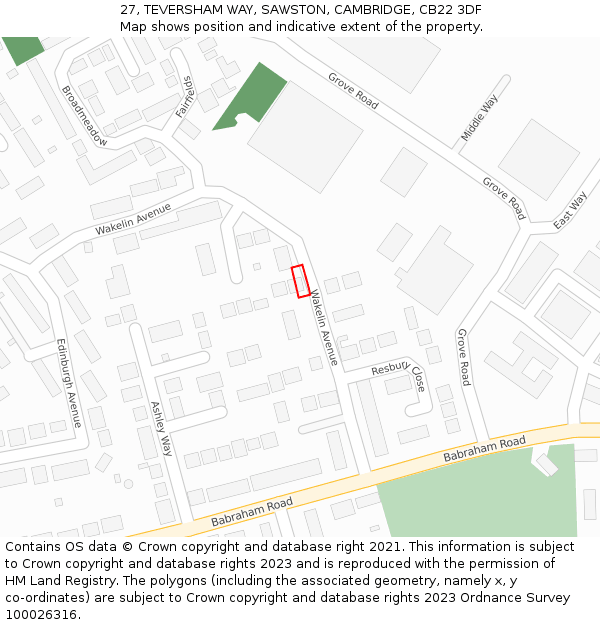 27, TEVERSHAM WAY, SAWSTON, CAMBRIDGE, CB22 3DF: Location map and indicative extent of plot