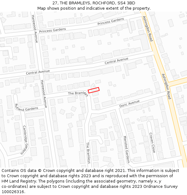 27, THE BRAMLEYS, ROCHFORD, SS4 3BD: Location map and indicative extent of plot