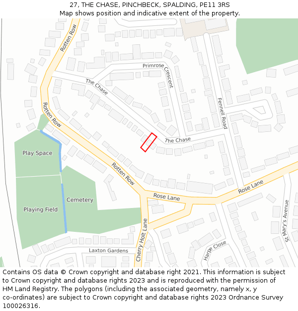 27, THE CHASE, PINCHBECK, SPALDING, PE11 3RS: Location map and indicative extent of plot