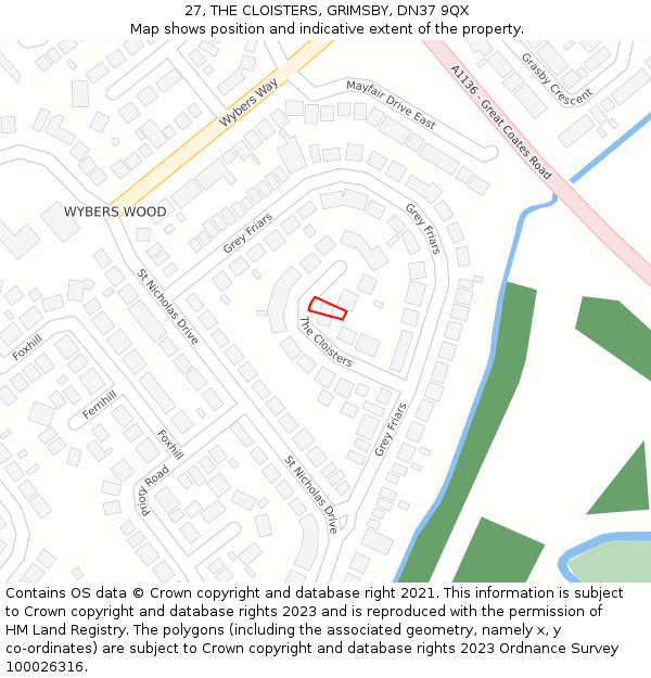 27, THE CLOISTERS, GRIMSBY, DN37 9QX: Location map and indicative extent of plot