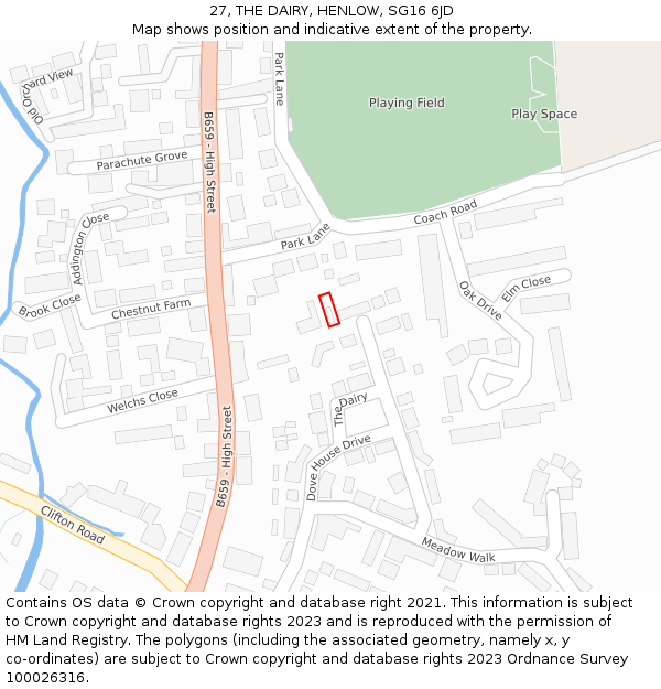 27, THE DAIRY, HENLOW, SG16 6JD: Location map and indicative extent of plot