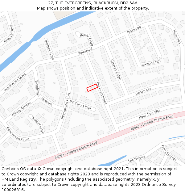 27, THE EVERGREENS, BLACKBURN, BB2 5AA: Location map and indicative extent of plot