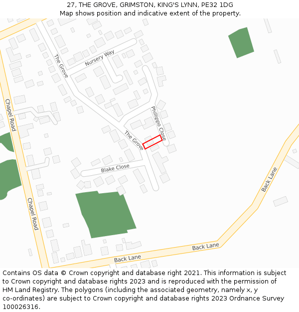 27, THE GROVE, GRIMSTON, KING'S LYNN, PE32 1DG: Location map and indicative extent of plot