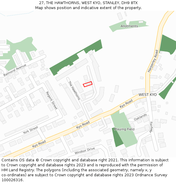 27, THE HAWTHORNS, WEST KYO, STANLEY, DH9 8TX: Location map and indicative extent of plot