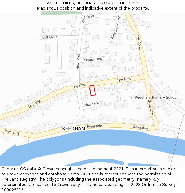 27, THE HILLS, REEDHAM, NORWICH, NR13 3TN: Location map and indicative extent of plot