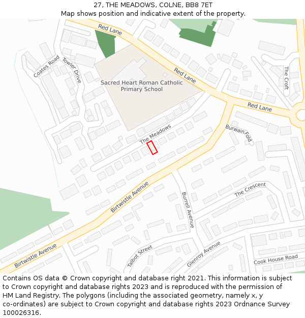 27, THE MEADOWS, COLNE, BB8 7ET: Location map and indicative extent of plot