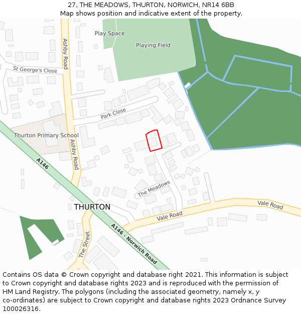 27, THE MEADOWS, THURTON, NORWICH, NR14 6BB: Location map and indicative extent of plot