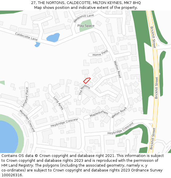 27, THE NORTONS, CALDECOTTE, MILTON KEYNES, MK7 8HQ: Location map and indicative extent of plot