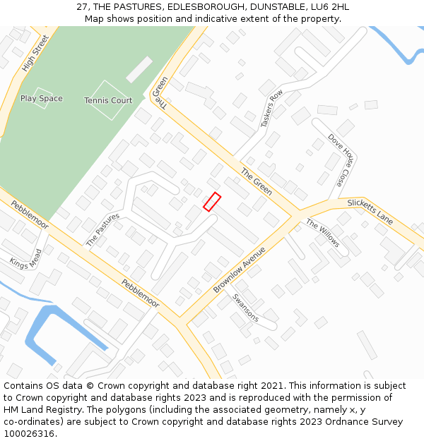 27, THE PASTURES, EDLESBOROUGH, DUNSTABLE, LU6 2HL: Location map and indicative extent of plot