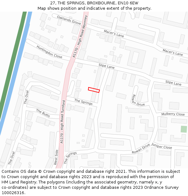27, THE SPRINGS, BROXBOURNE, EN10 6EW: Location map and indicative extent of plot