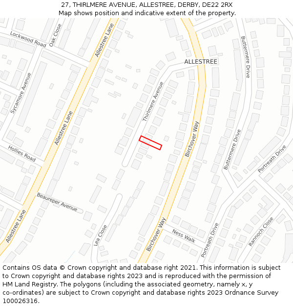 27, THIRLMERE AVENUE, ALLESTREE, DERBY, DE22 2RX: Location map and indicative extent of plot