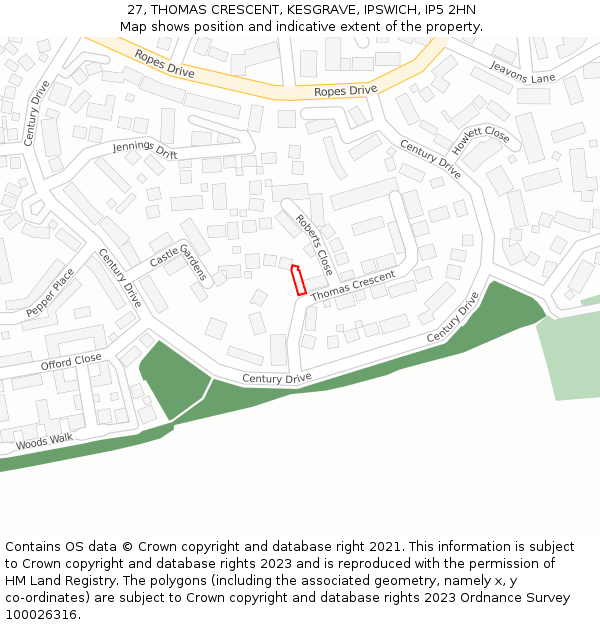 27, THOMAS CRESCENT, KESGRAVE, IPSWICH, IP5 2HN: Location map and indicative extent of plot