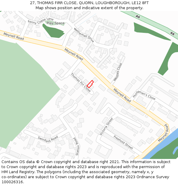 27, THOMAS FIRR CLOSE, QUORN, LOUGHBOROUGH, LE12 8FT: Location map and indicative extent of plot