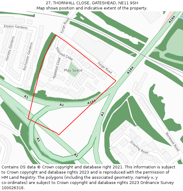 27, THORNHILL CLOSE, GATESHEAD, NE11 9SH: Location map and indicative extent of plot