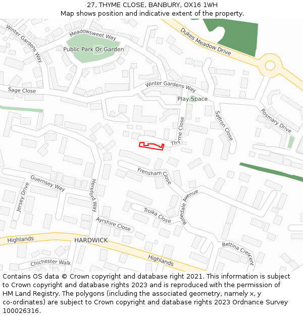 27, THYME CLOSE, BANBURY, OX16 1WH: Location map and indicative extent of plot