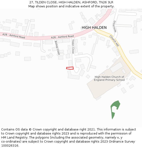 27, TILDEN CLOSE, HIGH HALDEN, ASHFORD, TN26 3LR: Location map and indicative extent of plot