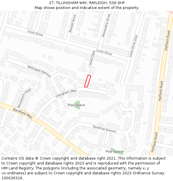 27, TILLINGHAM WAY, RAYLEIGH, SS6 9HF: Location map and indicative extent of plot
