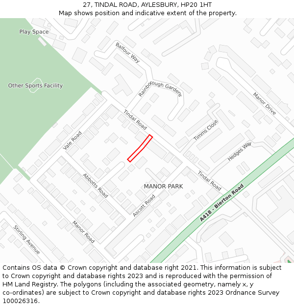 27, TINDAL ROAD, AYLESBURY, HP20 1HT: Location map and indicative extent of plot