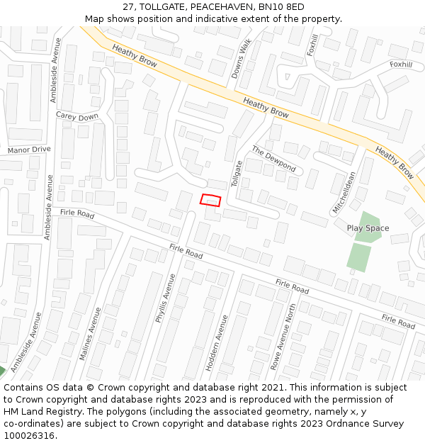 27, TOLLGATE, PEACEHAVEN, BN10 8ED: Location map and indicative extent of plot