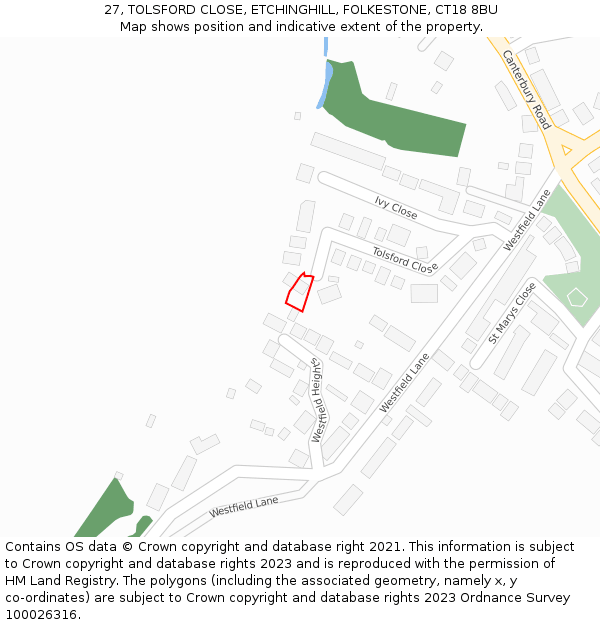 27, TOLSFORD CLOSE, ETCHINGHILL, FOLKESTONE, CT18 8BU: Location map and indicative extent of plot