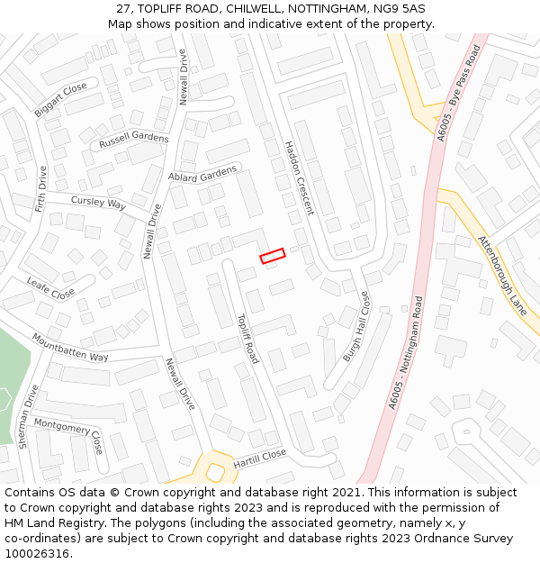 27, TOPLIFF ROAD, CHILWELL, NOTTINGHAM, NG9 5AS: Location map and indicative extent of plot