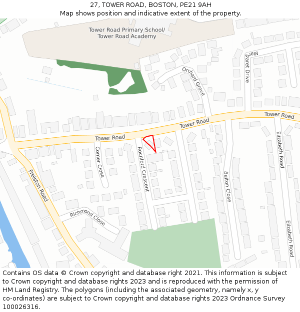 27, TOWER ROAD, BOSTON, PE21 9AH: Location map and indicative extent of plot