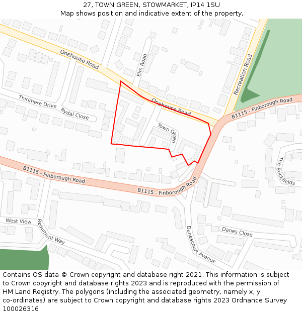 27, TOWN GREEN, STOWMARKET, IP14 1SU: Location map and indicative extent of plot