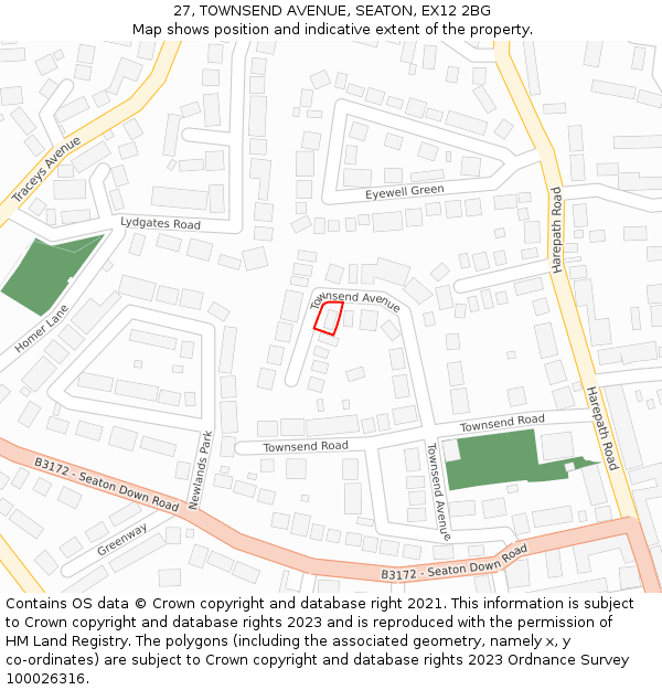 27, TOWNSEND AVENUE, SEATON, EX12 2BG: Location map and indicative extent of plot