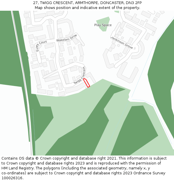 27, TWIGG CRESCENT, ARMTHORPE, DONCASTER, DN3 2FP: Location map and indicative extent of plot
