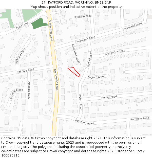 27, TWYFORD ROAD, WORTHING, BN13 2NP: Location map and indicative extent of plot