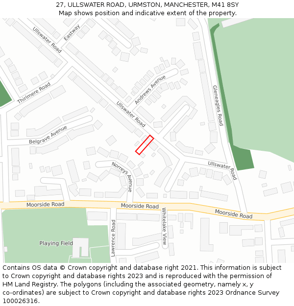 27, ULLSWATER ROAD, URMSTON, MANCHESTER, M41 8SY: Location map and indicative extent of plot