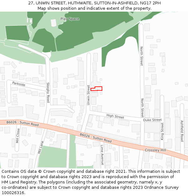 27, UNWIN STREET, HUTHWAITE, SUTTON-IN-ASHFIELD, NG17 2PH: Location map and indicative extent of plot