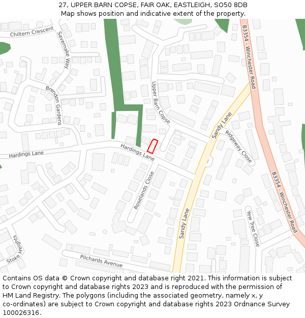 27, UPPER BARN COPSE, FAIR OAK, EASTLEIGH, SO50 8DB: Location map and indicative extent of plot