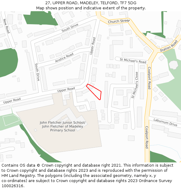 27, UPPER ROAD, MADELEY, TELFORD, TF7 5DG: Location map and indicative extent of plot