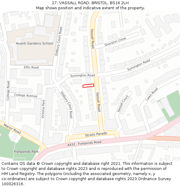 27, VASSALL ROAD, BRISTOL, BS16 2LH: Location map and indicative extent of plot