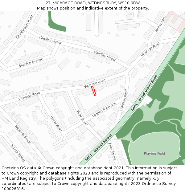 27, VICARAGE ROAD, WEDNESBURY, WS10 9DW: Location map and indicative extent of plot