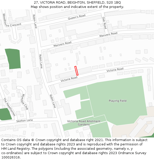 27, VICTORIA ROAD, BEIGHTON, SHEFFIELD, S20 1BQ: Location map and indicative extent of plot