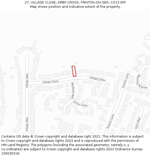 27, VILLAGE CLOSE, KIRBY CROSS, FRINTON-ON-SEA, CO13 0PF: Location map and indicative extent of plot