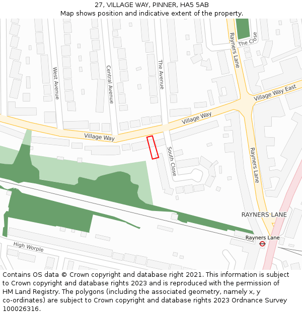 27, VILLAGE WAY, PINNER, HA5 5AB: Location map and indicative extent of plot