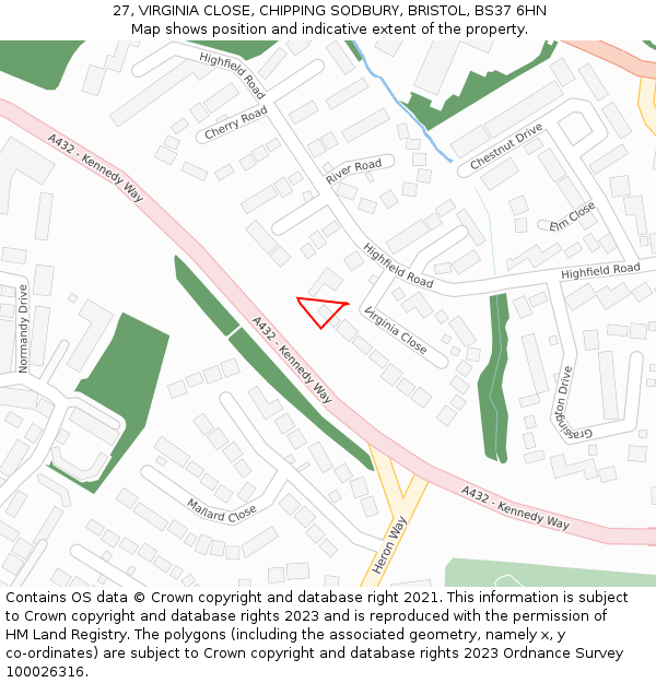 27, VIRGINIA CLOSE, CHIPPING SODBURY, BRISTOL, BS37 6HN: Location map and indicative extent of plot
