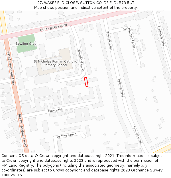 27, WAKEFIELD CLOSE, SUTTON COLDFIELD, B73 5UT: Location map and indicative extent of plot
