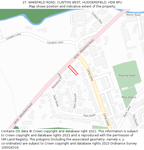 27, WAKEFIELD ROAD, CLAYTON WEST, HUDDERSFIELD, HD8 9PU: Location map and indicative extent of plot